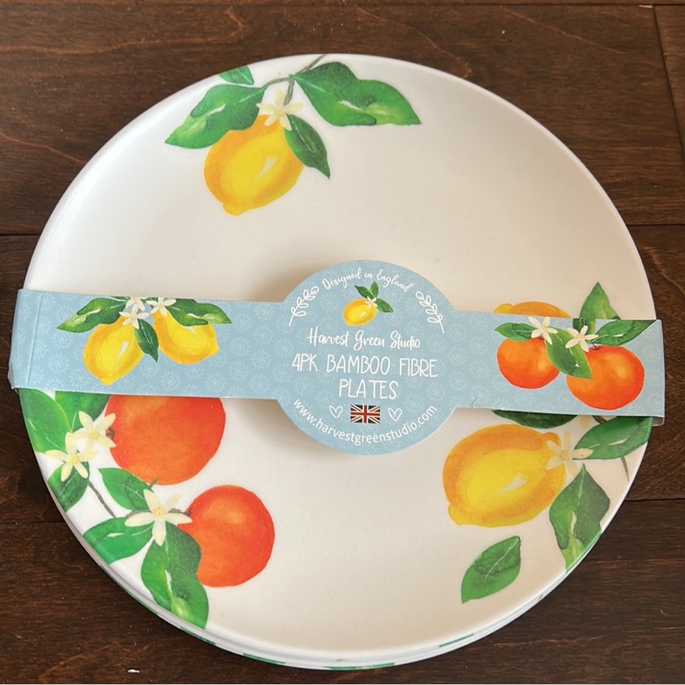 Harvest Green Studio Bamboo Lemon Floral  Print Dinner Plates Set of 4 NEW - Picture 2 of 2
